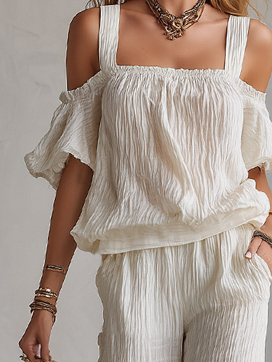 Minimalist Urban White T-Shirt &amp; Wide-Leg Pants Crinkled Cotton-Linen Set