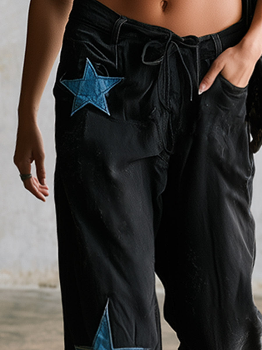 Casual Distinctive Star-patterned Sportswear Black Straight-leg Jeans