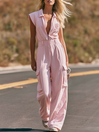 Casual Sporty Workwear Lapel Front Zipper Light Pink Cotton Jumpsuit