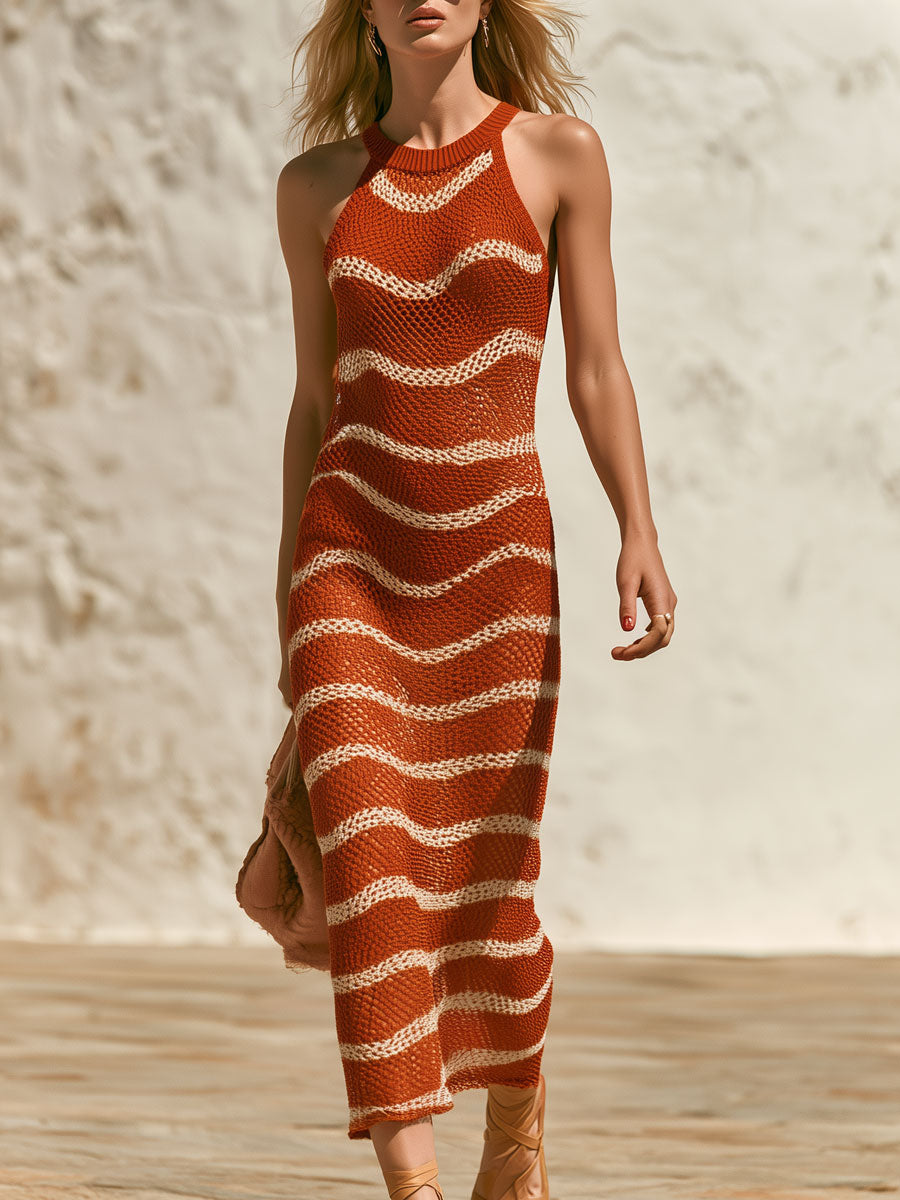 Retro White Wavy Orange Sleeveless Round Neck Knit Midi Dress