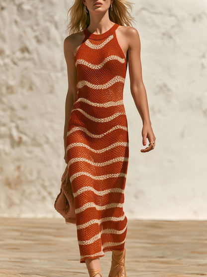 Retro White Wavy Orange Sleeveless Round Neck Knit Midi Dress