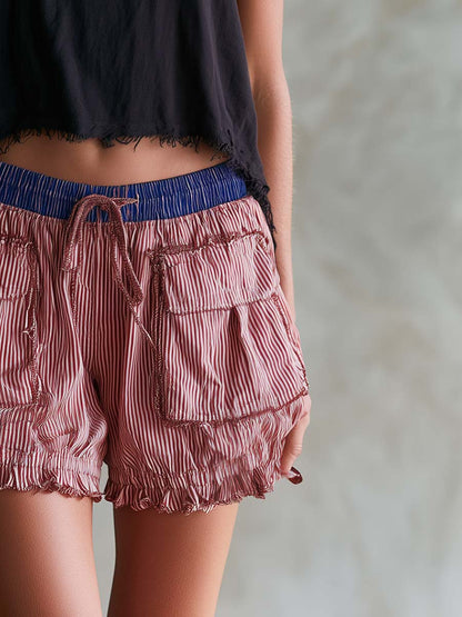 Casual Retro Ruffled Red And White Striped Low-rise Shorts