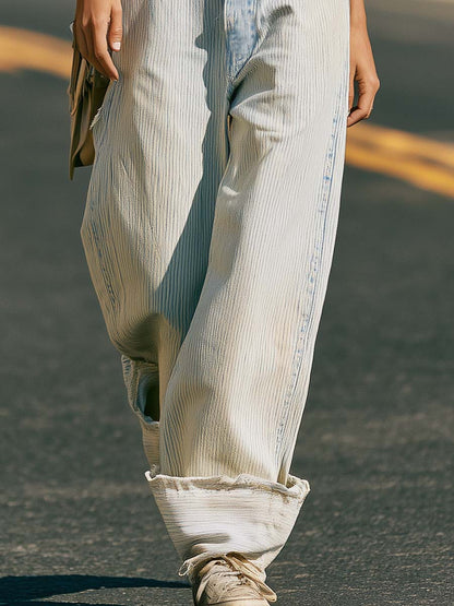 Casual Fashion Light-wash Striped Denim Pants