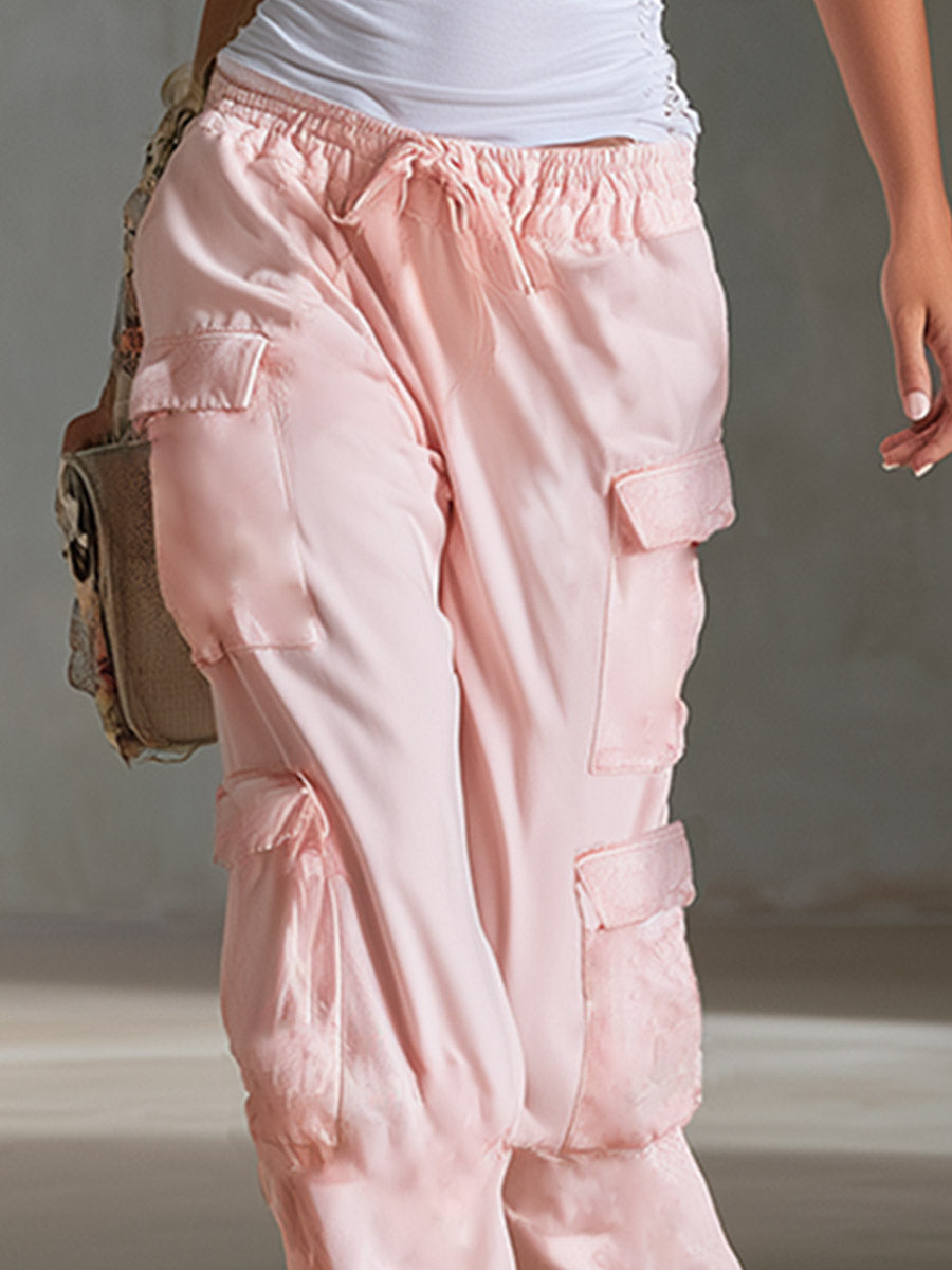 Chic Urban Sporty White T-Shirt &amp; Pink Multi-Pocket Pants Set