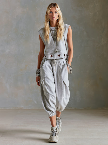 Casual Sporty Style Metal Eyelets Grey-White Tank Top &amp; Cropped Pants Cotton Set