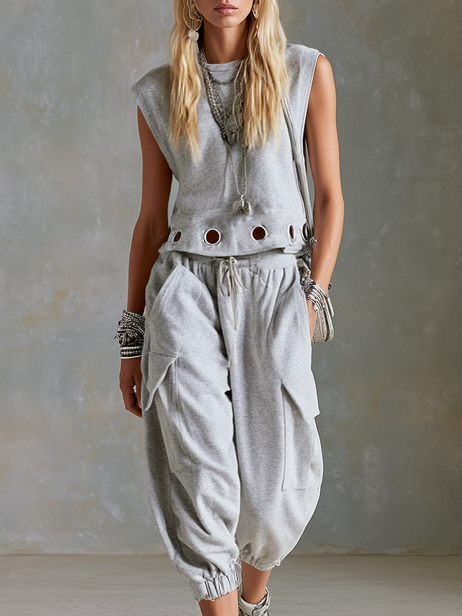 Casual Sporty Style Metal Eyelets Grey-White Tank Top &amp; Cropped Pants Cotton Set