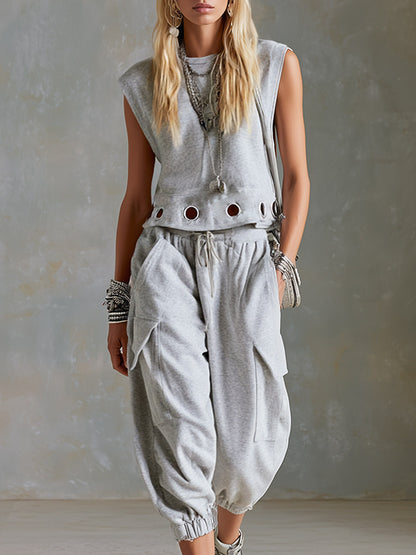 Casual Sporty Style Metal Eyelets Grey-White Tank Top &amp; Cropped Pants Cotton Set