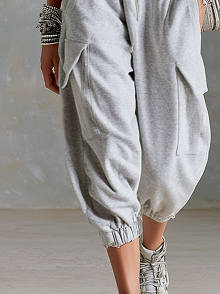 Casual Sporty Style Metal Eyelets Grey-White Tank Top &amp; Cropped Pants Cotton Set
