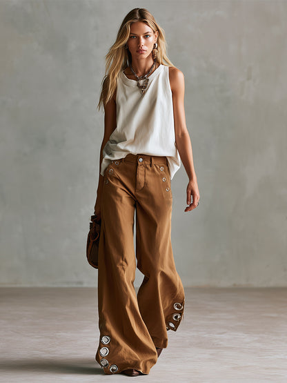 Versatile Retro Style With Metal Eyelets Caramel-colored Wide-leg Trousers