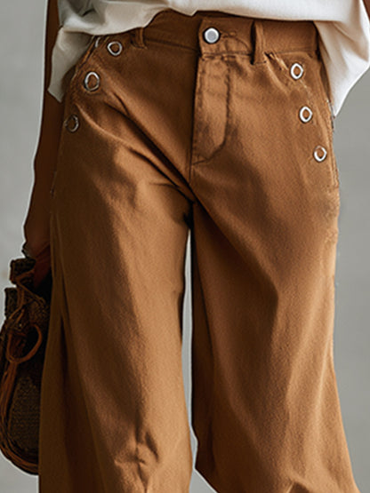 Versatile Retro Style With Metal Eyelets Caramel-colored Wide-leg Trousers