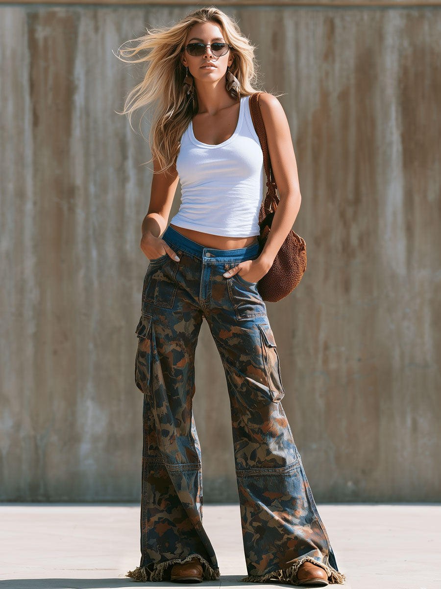Western Retro Frayed Color-blocked Camouflage Jeans