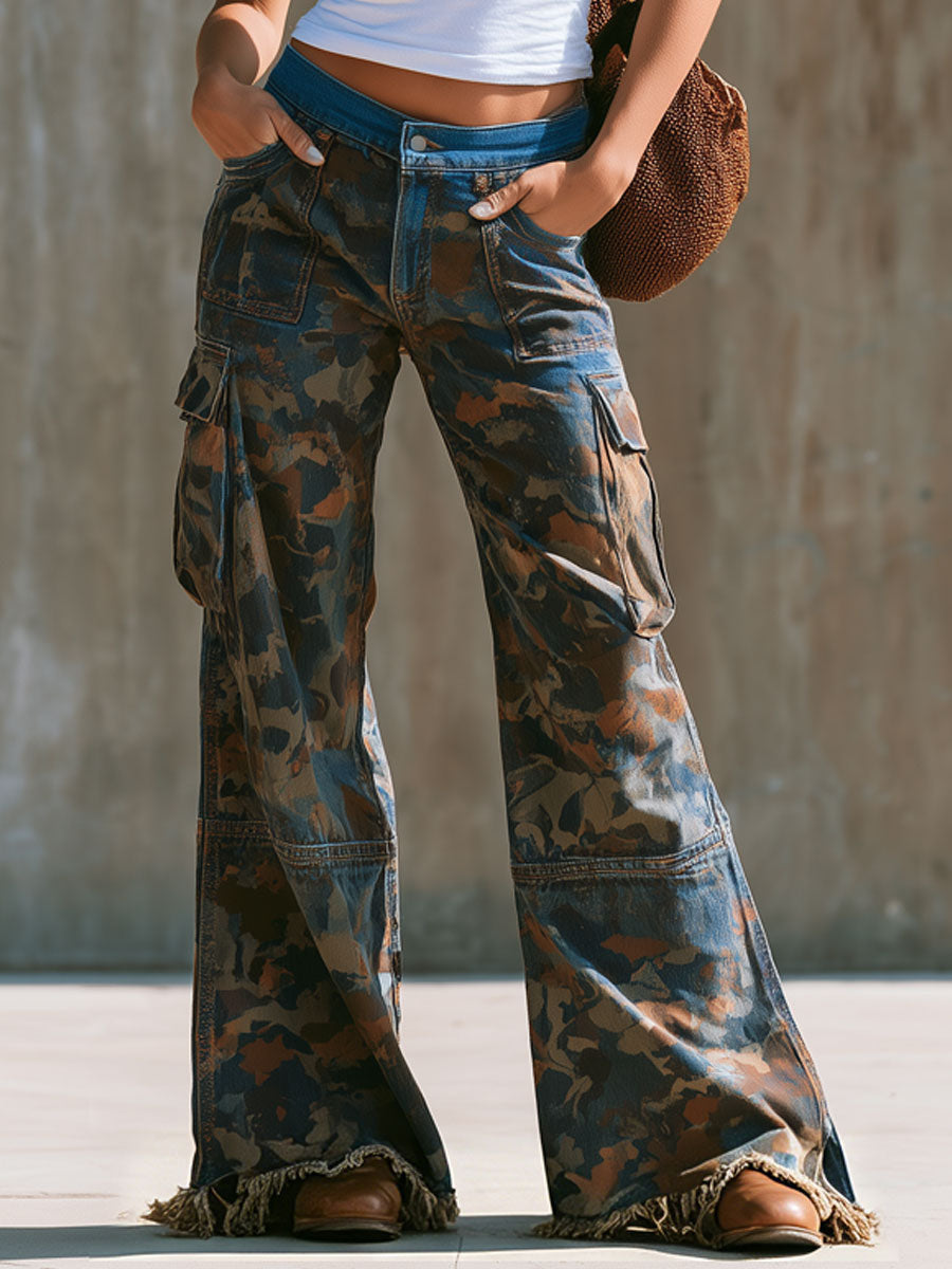 Western Retro Frayed Color-blocked Camouflage Jeans