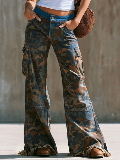 Western Retro Frayed Color-blocked Camouflage Jeans