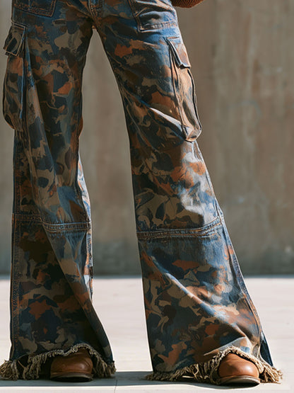 Western Retro Frayed Color-blocked Camouflage Jeans