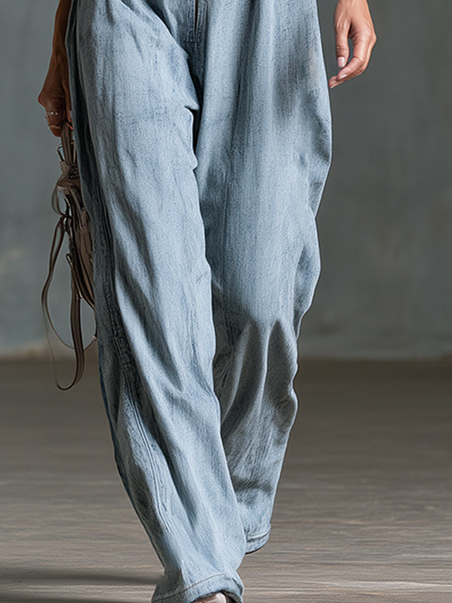Chic Retro Metal Eyelet Shoulder Straps Light Blue Denim Jumpsuit