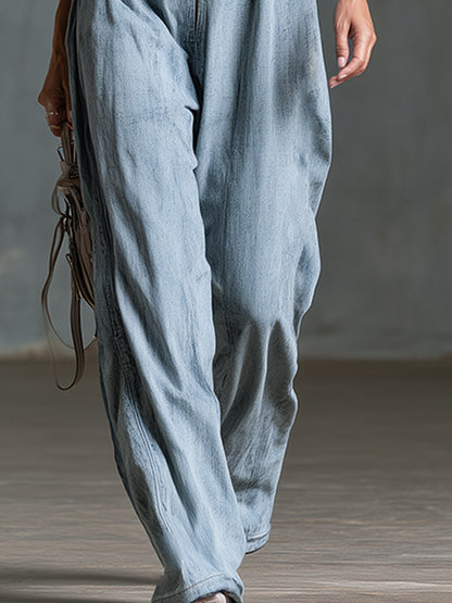 Chic Retro Metal Eyelet Shoulder Straps Light Blue Denim Jumpsuit