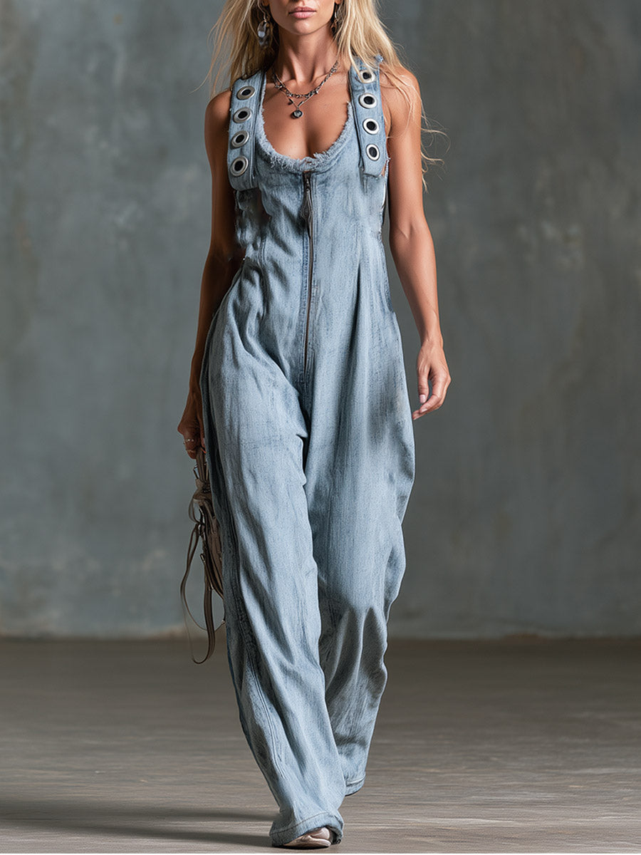 Chic Retro Metal Eyelet Shoulder Straps Light Blue Denim Jumpsuit