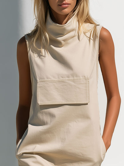 Casual Retro Beige Turtleneck Sleeveless Pocket Cotton Mini Dress