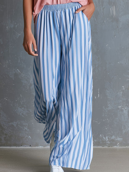 Retro Pink V-neck Short-sleeved T-shirt And Blue Striped Trousers Set