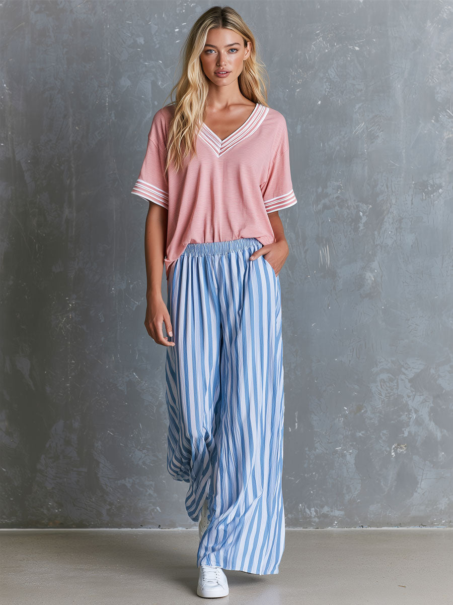 Retro Pink V-neck Short-sleeved T-shirt And Blue Striped Trousers Set