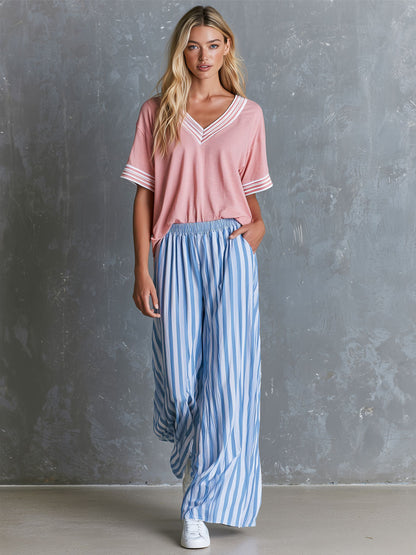 Retro Pink V-neck Short-sleeved T-shirt And Blue Striped Trousers Set