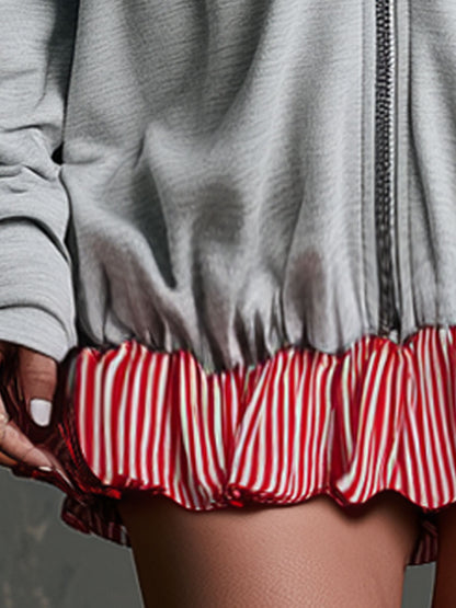 Retro Color-blocked Striped Grey Off-shoulder Long-sleeved Hooded Mini Dress