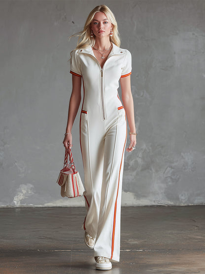 Refined Sporty Striped Trim White Short-sleeved Jumpsuit