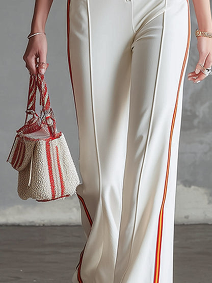 Refined Sporty Striped Trim White Short-sleeved Jumpsuit