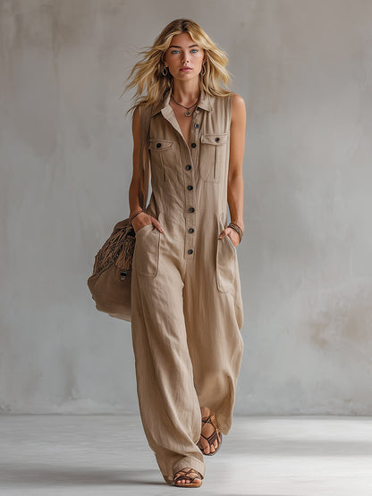 Vintage-style Casual Khaki Cotton Utility-style Sleeveless Jumpsuit