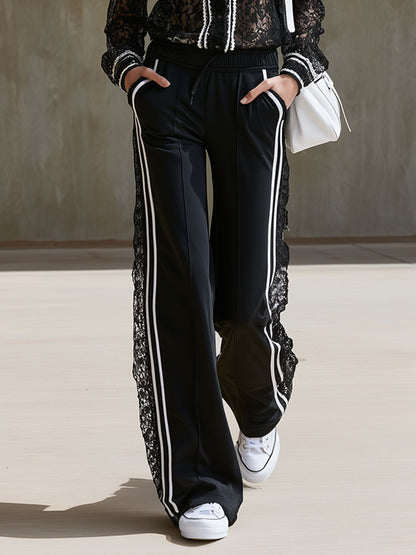 Sporty Retro Striped Black Lace Long-Sleeve Shirt And Pants Set