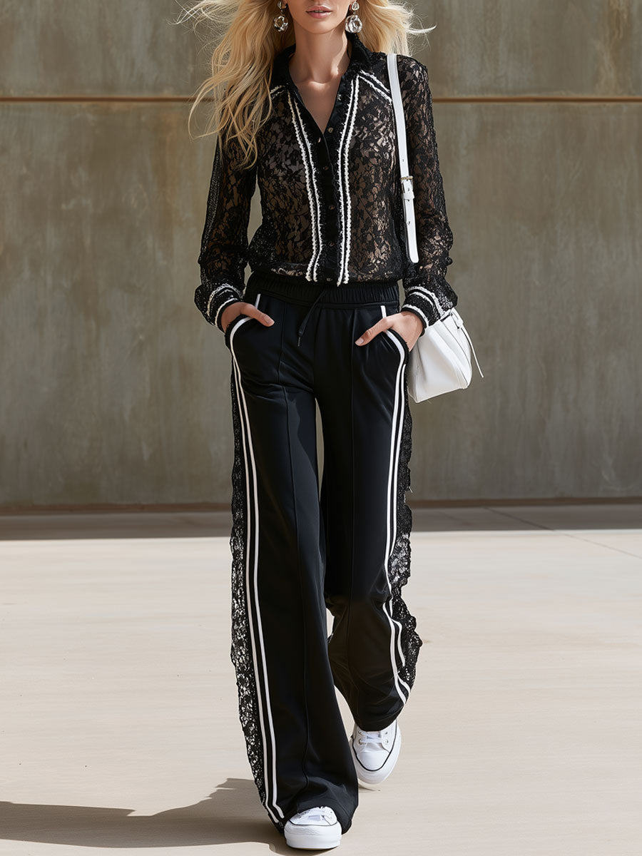 Sporty Retro Striped Black Lace Long-Sleeve Shirt And Pants Set