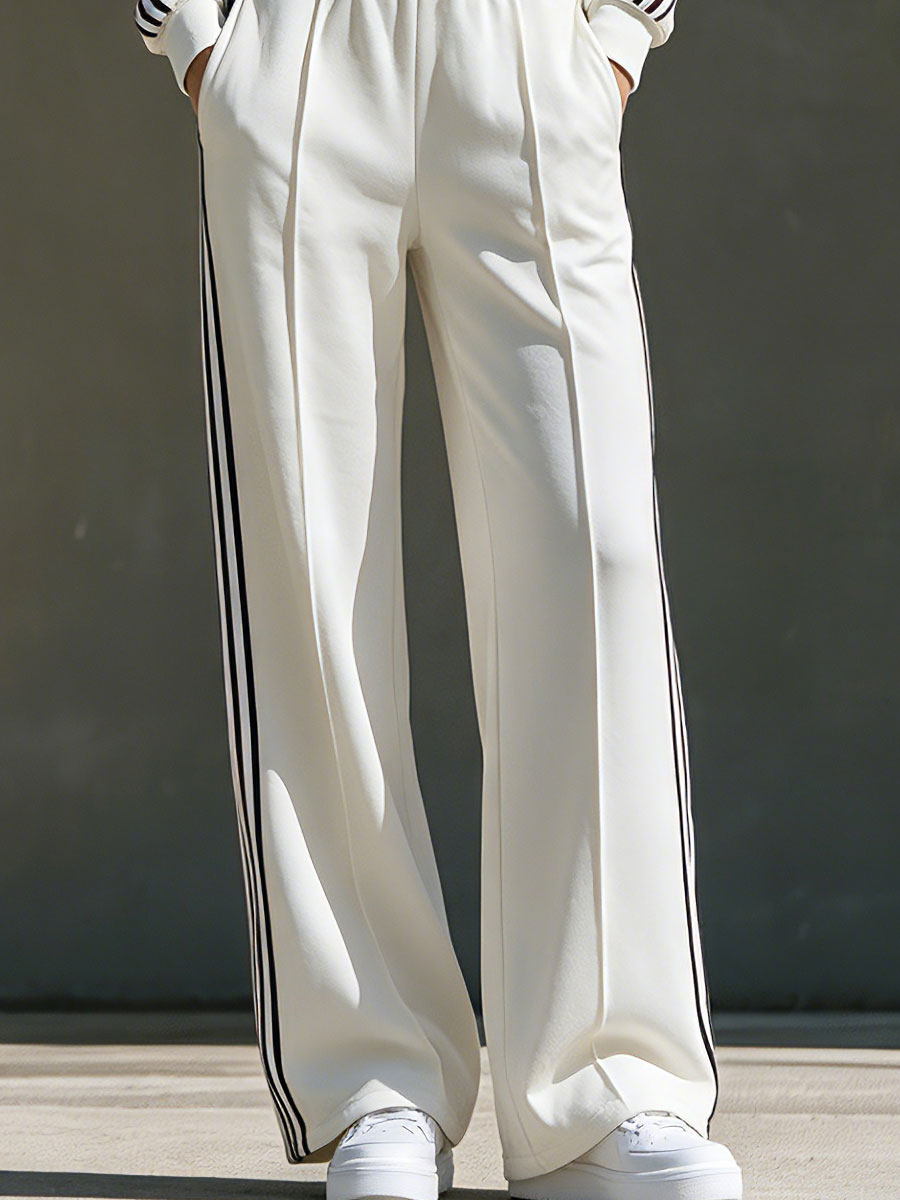 Retro Sporty Color-blocked Webbing White Cotton T-shirt And Trousers Set