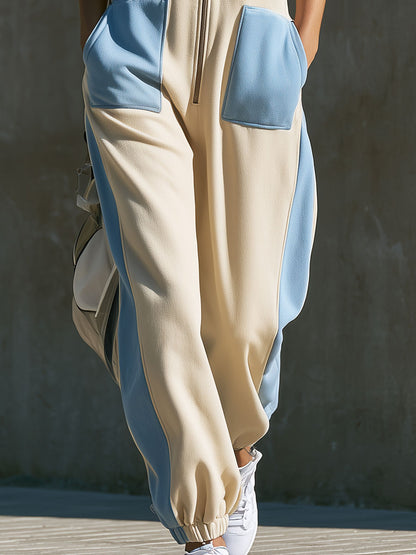 Retro Sporty Color-blocked Short-sleeved Hooded Cotton Jumpsuit