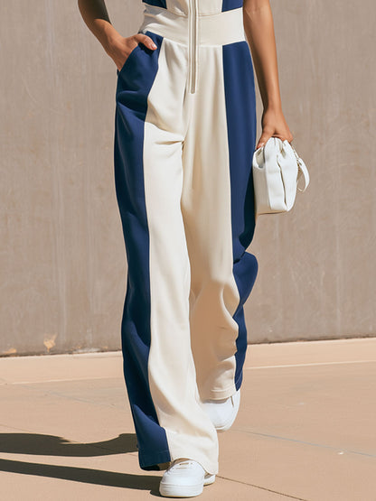 Sporty Retro Color-blocked Cotton Short-sleeved Zip-up Jumpsuit