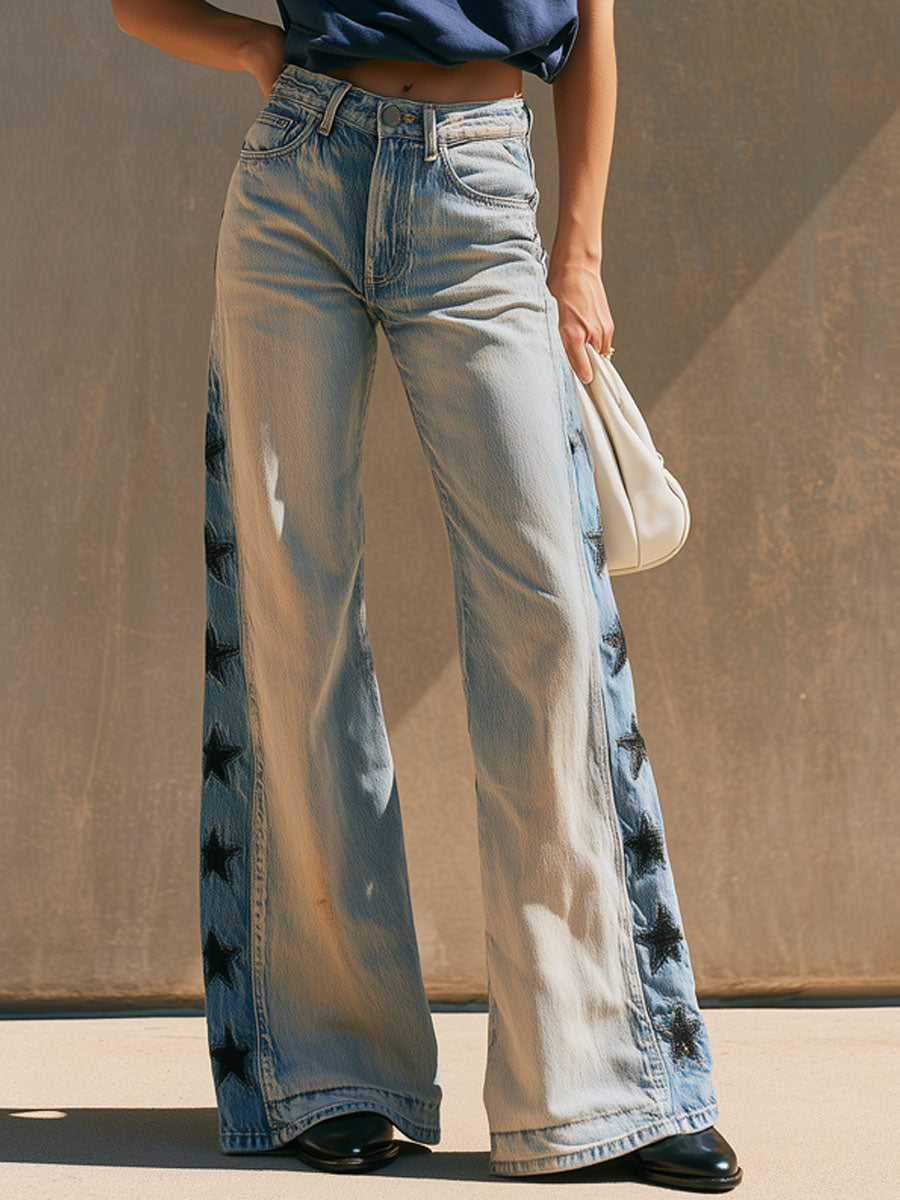Casual Retro Five-pointed Star Embroidered Light Blue Flared Jeans