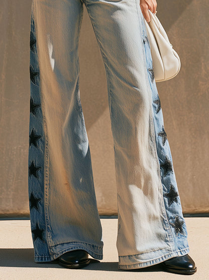 Casual Retro Five-pointed Star Embroidered Light Blue Flared Jeans