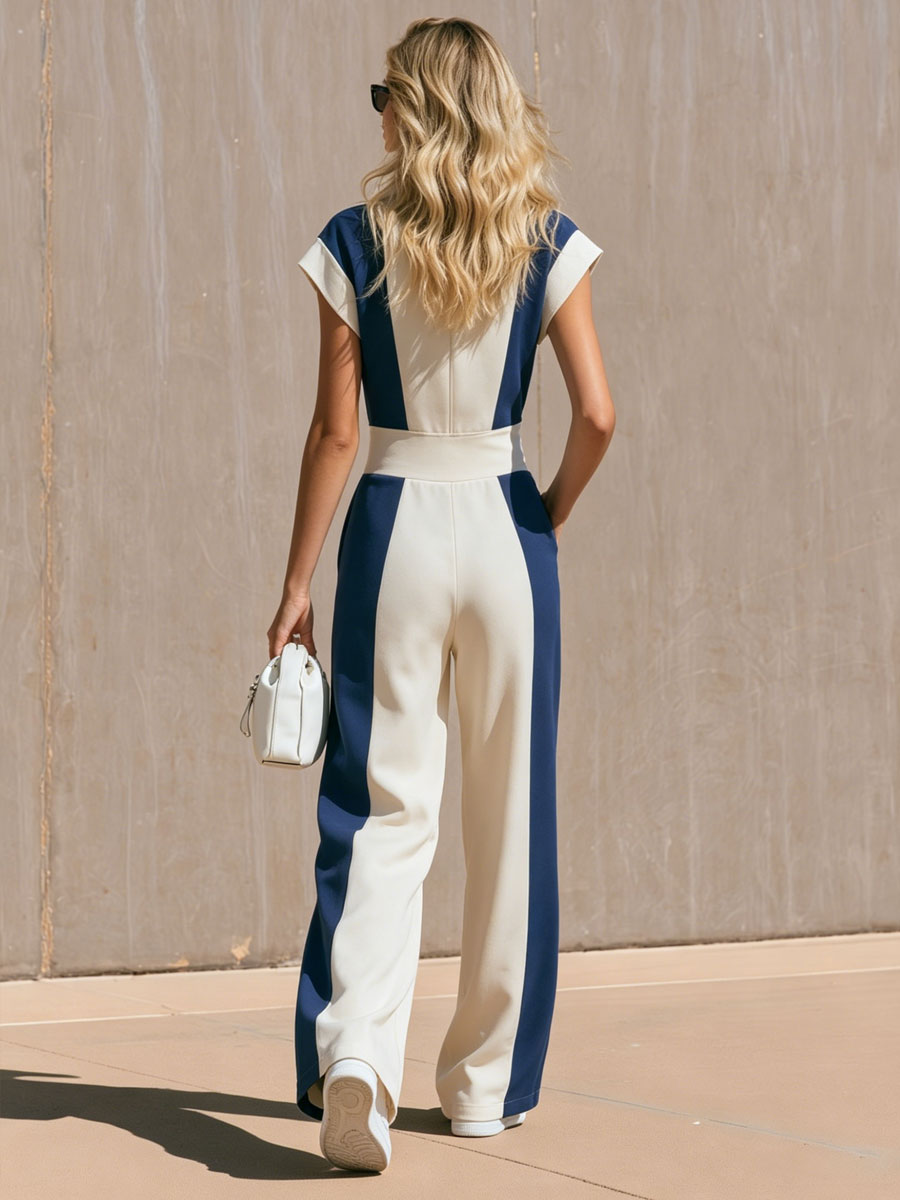 Sporty Retro Color-blocked Cotton Short-sleeved Zip-up Jumpsuit
