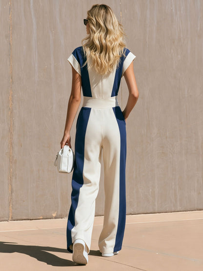 Sporty Retro Color-blocked Cotton Short-sleeved Zip-up Jumpsuit