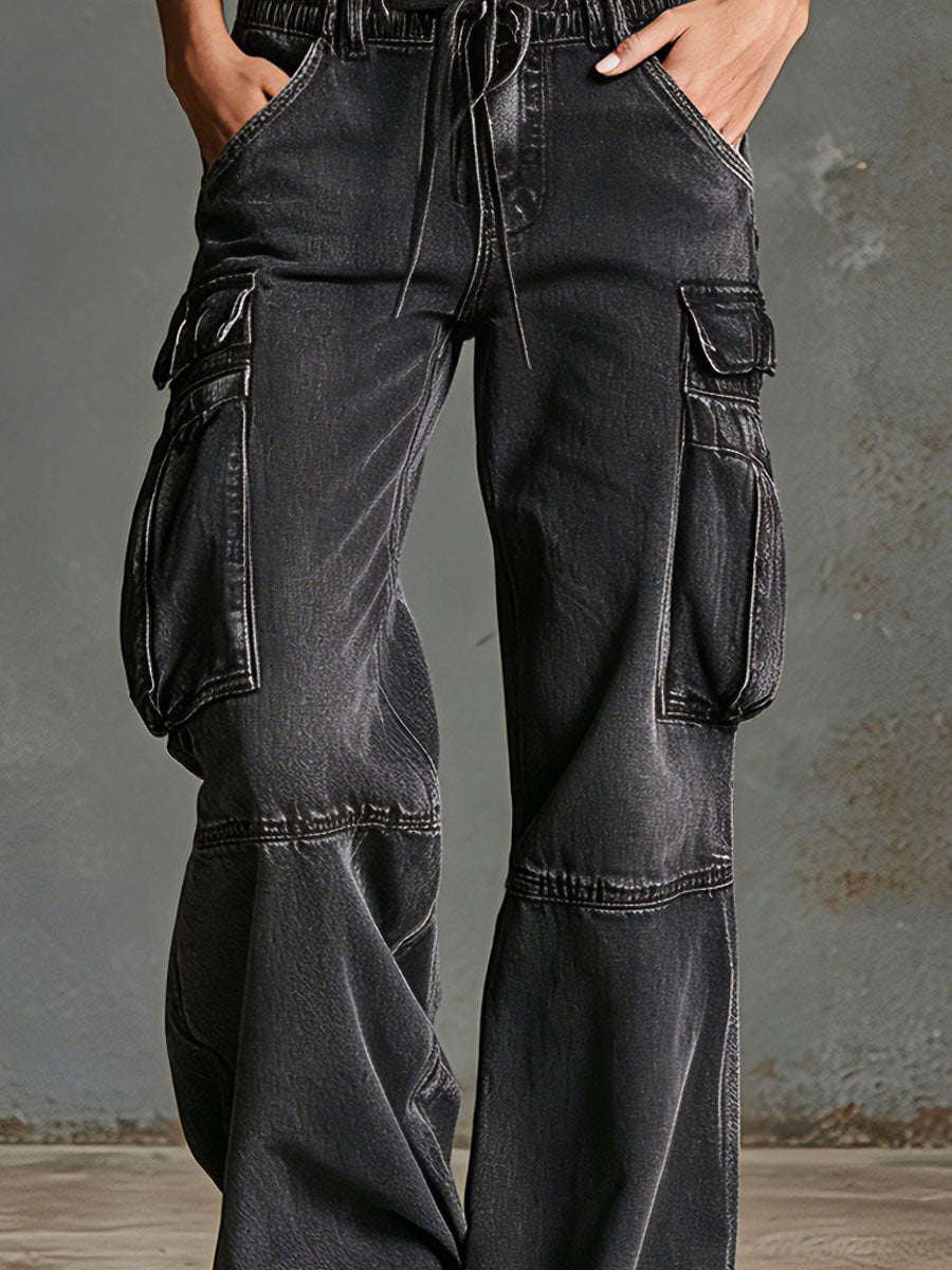 Casual Retro-style Black Multi-pocket Jeans