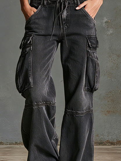 Casual Retro-style Black Multi-pocket Jeans