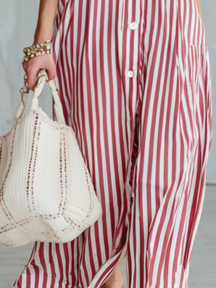 Vintage-style Casual Red Striped Short-sleeve Maxi Dress