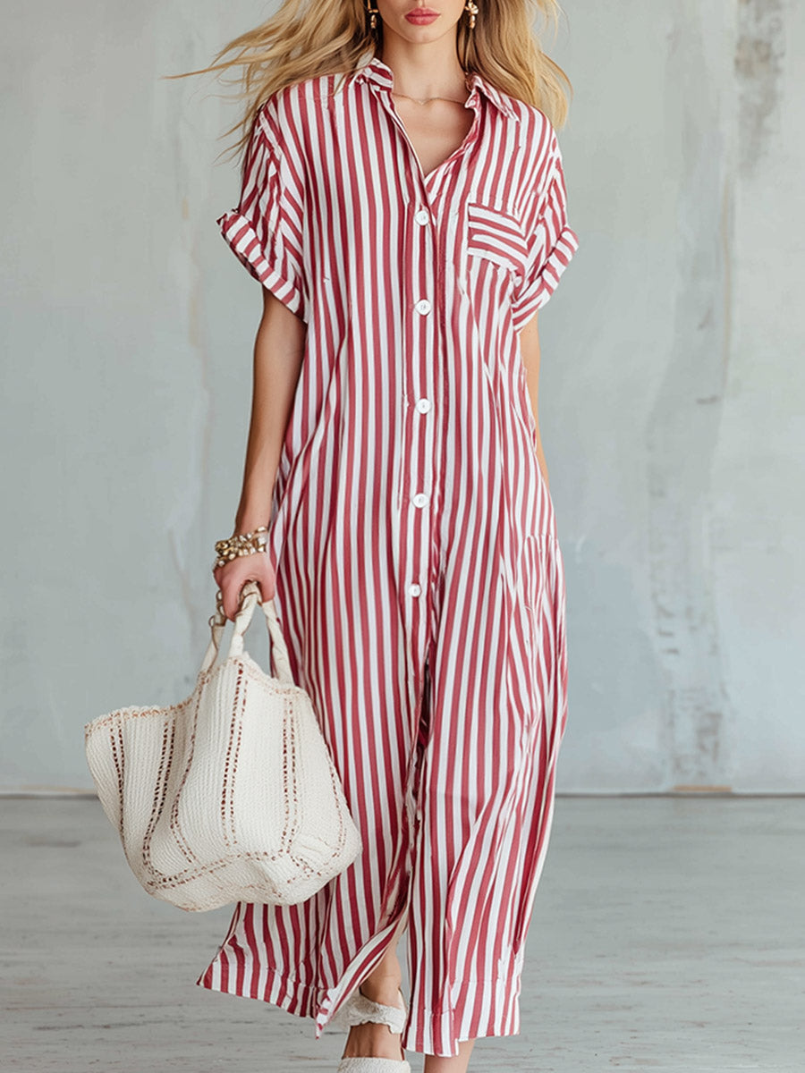Vintage-style Casual Red Striped Short-sleeve Maxi Dress