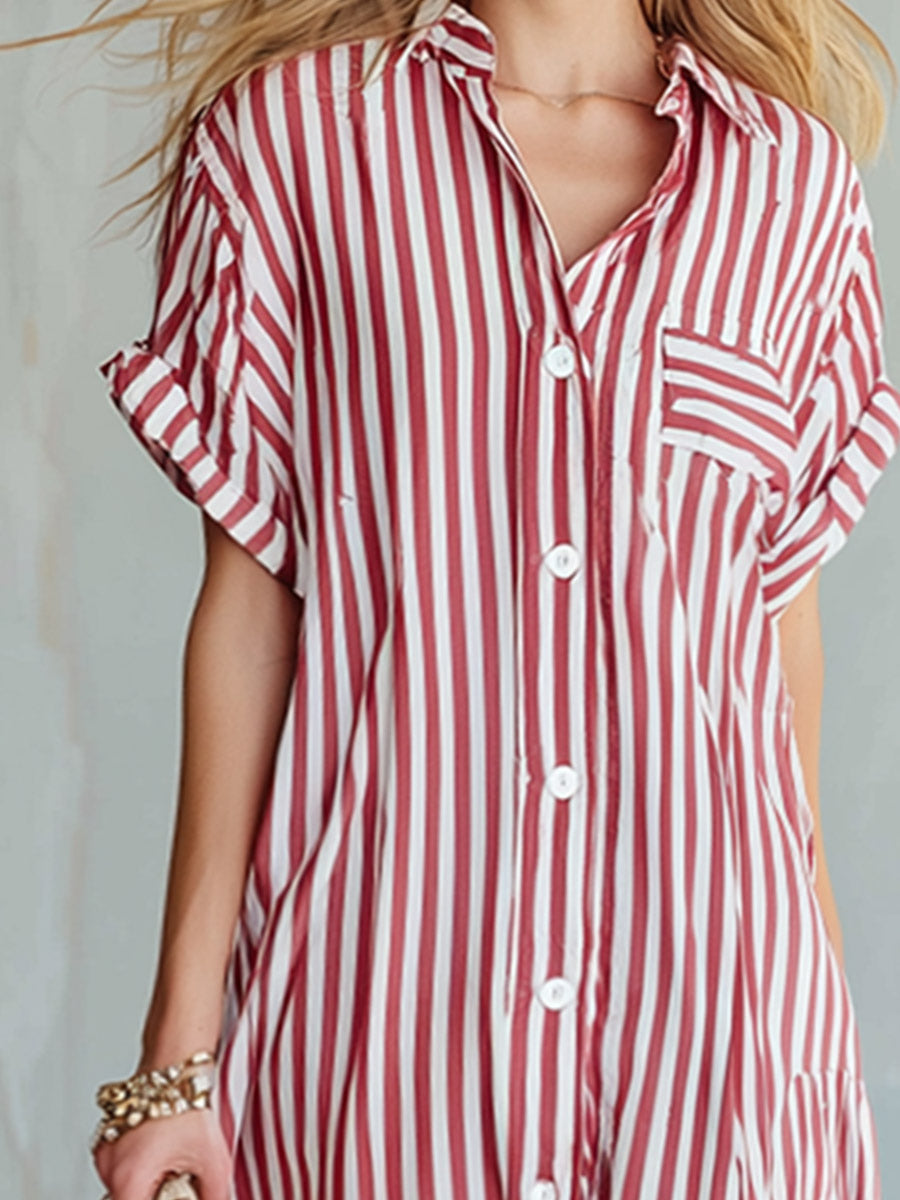 Vintage-style Casual Red Striped Short-sleeve Maxi Dress