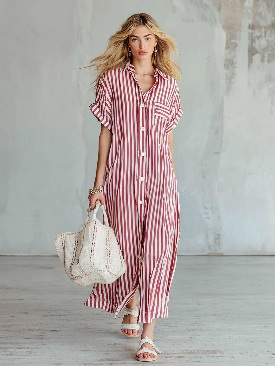 Vintage-style Casual Red Striped Short-sleeve Maxi Dress