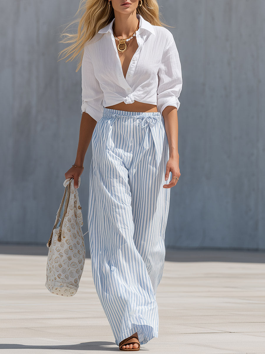 Elegant And Versatile White Shirt And Blue Striped Wide-leg Trousers Cotton-linen Set