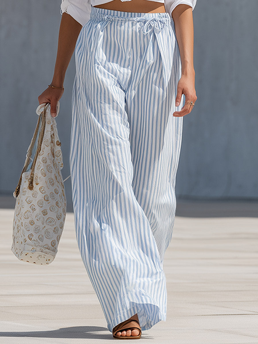 Elegant And Versatile White Shirt And Blue Striped Wide-leg Trousers Cotton-linen Set