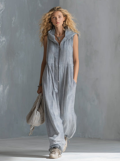 Casual Striped Cotton Sleeveless Hooded Jumpsuit