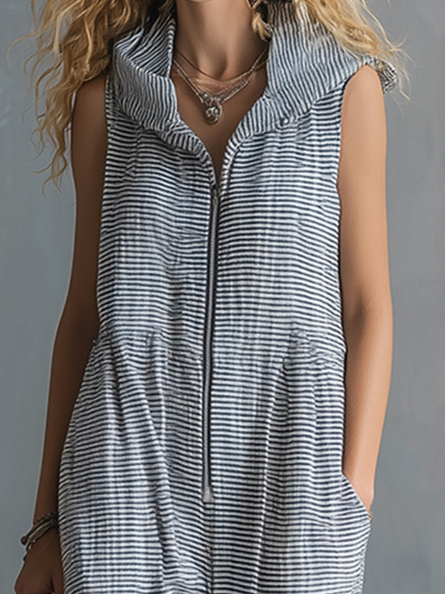 Casual Striped Cotton Sleeveless Hooded Jumpsuit