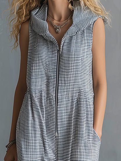 Casual Striped Cotton Sleeveless Hooded Jumpsuit