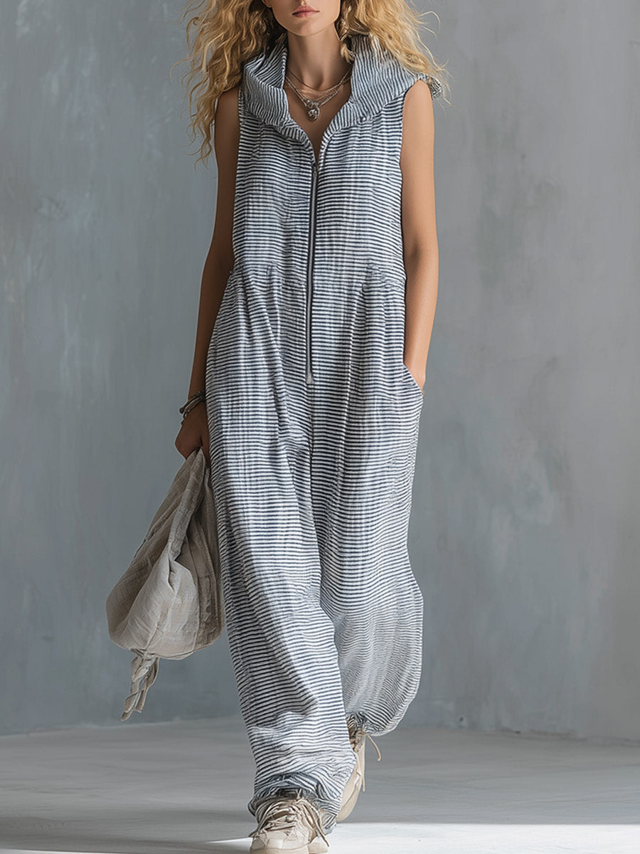 Casual Striped Cotton Sleeveless Hooded Jumpsuit
